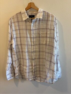 Vince Men’s White Linen Plaid Button-Down Shirt
